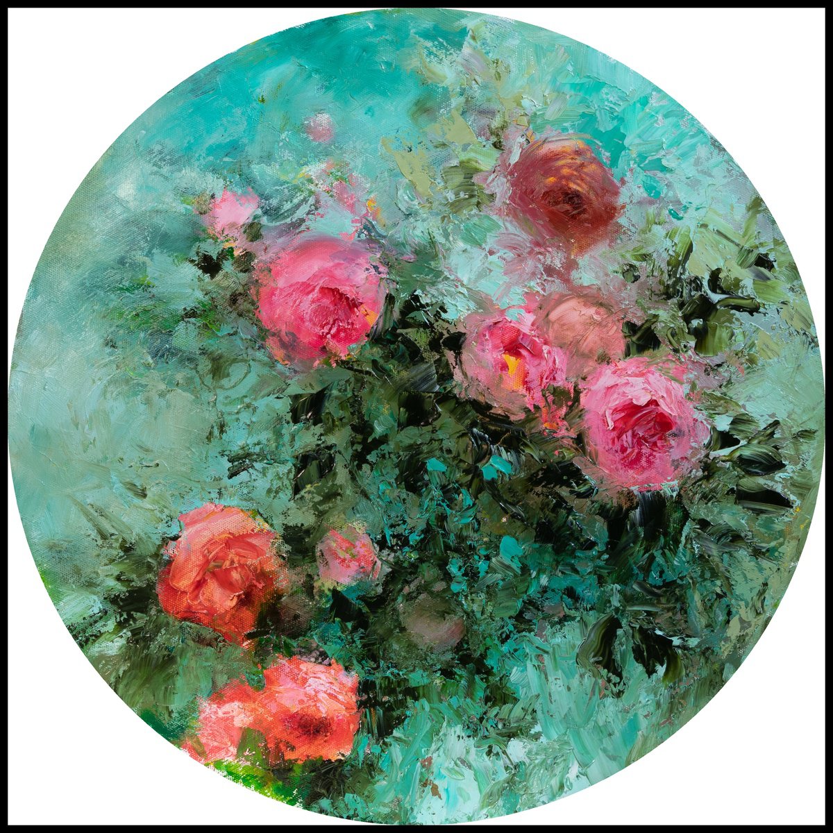 Impressionistic Botanical Oil Painting By Fabienne Monestier, 20 X 20, Pompadour Tondo With Roses, Original Artwork