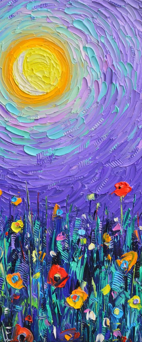 MAGIC NIGHT MEADOW BY MOONLIGHT  abstract colorful wildflowers landscape textural impressionist impasto palette knife oil painting by Ana Maria Edulescu by ANA MARIA EDULESCU