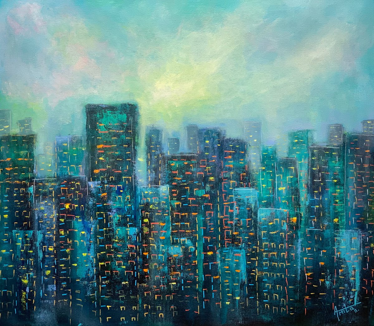 Impressionistic Cityscapes Acrylic Painting By Amita Dand, 36 X 32, Urban Jungle - Ii !, Original Artwork