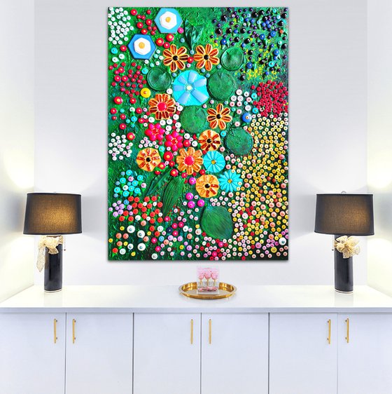 COLORFUL SUMMER GARDEN. Amber turquoise, agate & mosaic botanical floral abstract landscape