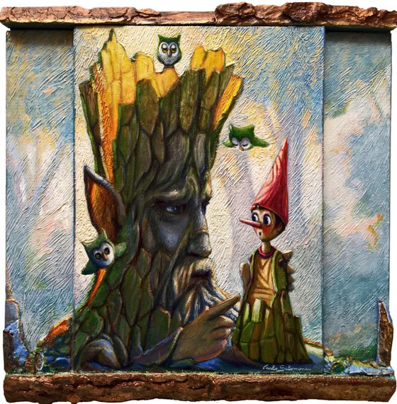 PINOCCHIO, THE TALKING TREE AND THE TINY OWLS - ( framed, 3D effect, TRIPTYCH )