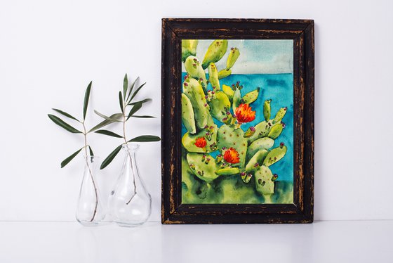 Opuntia - meditterianean seascape original watercolor