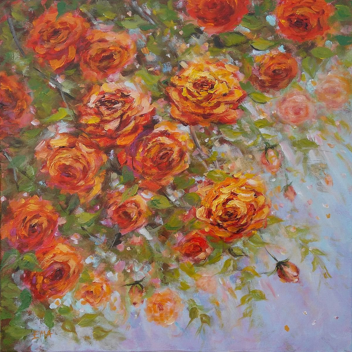 A PIECE OF JULY, 50x50cm blooming roses floral painting by Emilia Milcheva