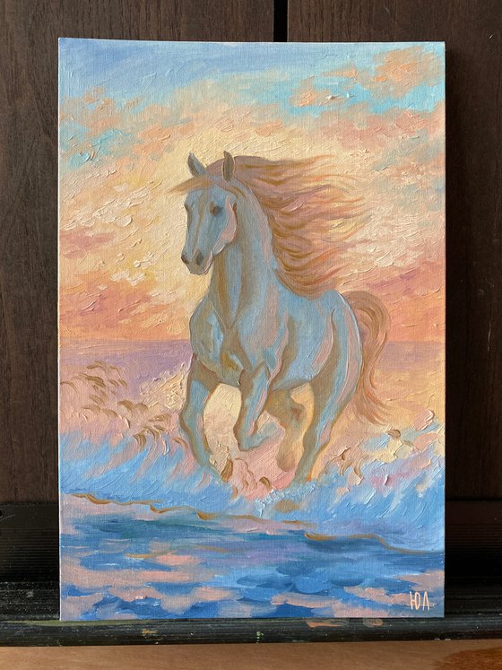 Horse at sunset sea waves