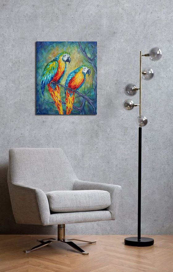 Love in the dark -  parrots oil painting, bird, parrots, love, painting on canvas, gift, parrots art, art bird, animals oil painting, for lovers