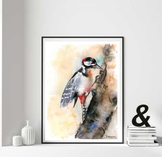 Woodpecker  -  Original Watercolor Painting by Olga Shefranov