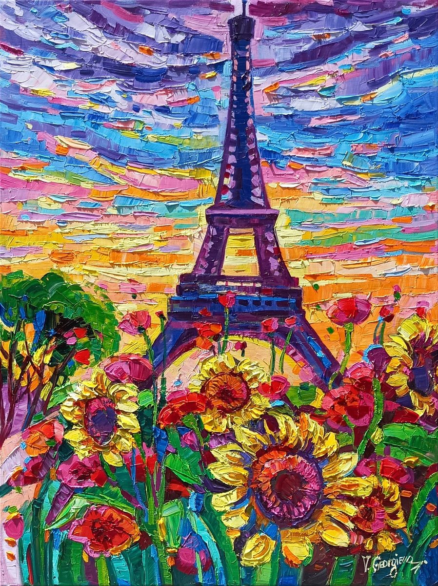 Expressive Cityscapes Oil Painting By Vanya Georgieva, 24 X 31", Sunflowers In Paris, Original Artwork