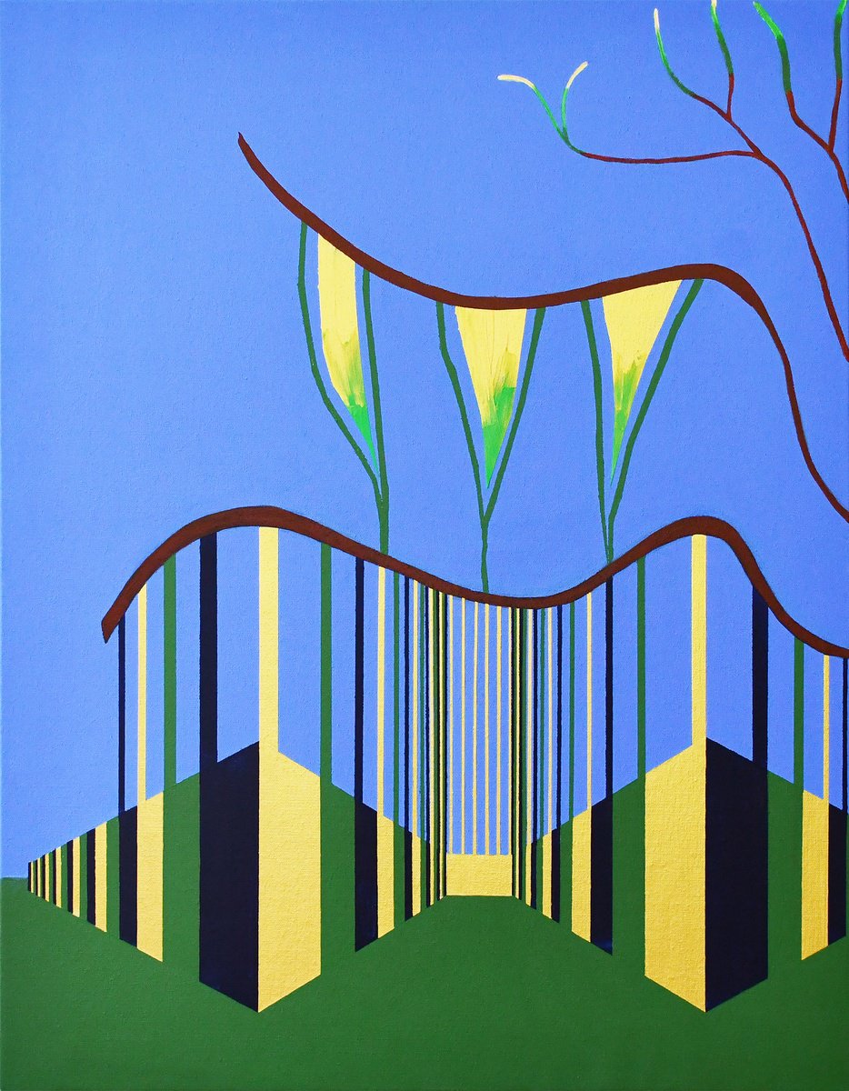 Geometric Cityscapes Acrylic Painting By Zeljka Paic, 28 X 35", Green Architecture I, Original Artwork