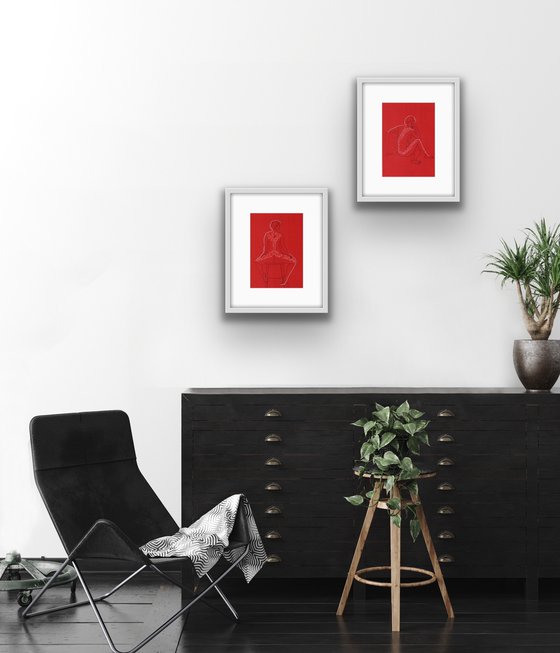 Diptych nude women - Set of 2 red and white sensual female portrait - Erotic mixed media drawings
