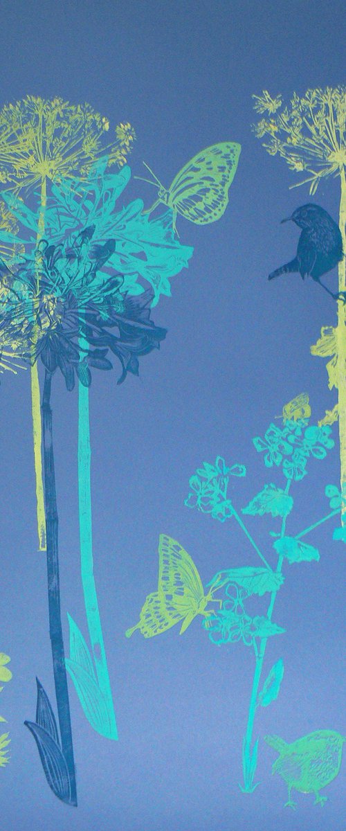 Flora and fauna with greens and blues (#1) on Blue angel fabriano card by Carolynne Coulson