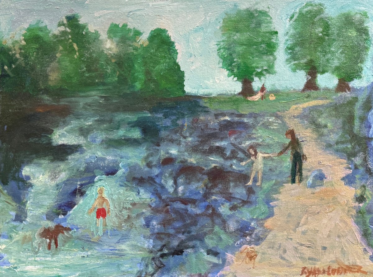 Abstract Landscape Oil Painting By Ryan Louder, 24 X 19", Picnic By The River, Original Artwork