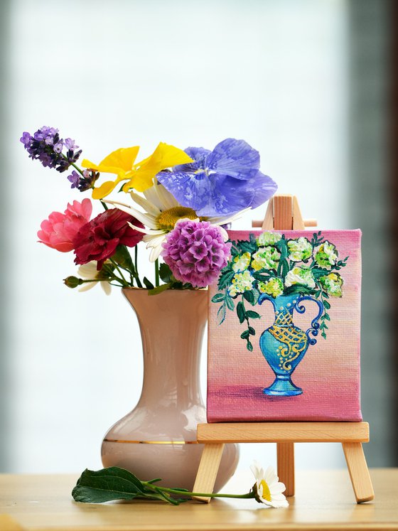 flowers in blue laced golden vase, original acrylic miniature painting, still life