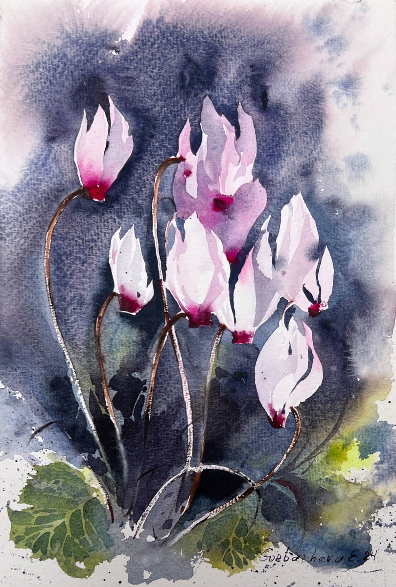 Impressionistic Botanical Watercolour By Eugenia Gorbacheva, 8 X 12, Cyclamen #2, Original Artwork