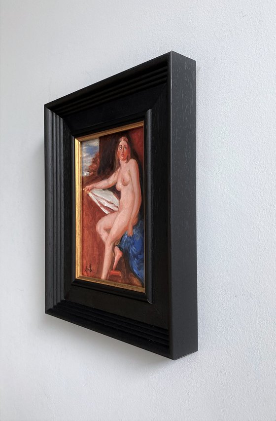 Old Master style female nude figure oil painting, with wooden frame.