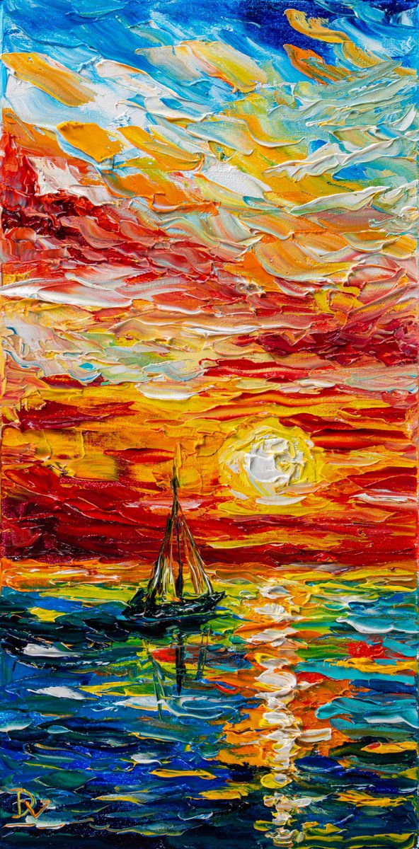 Impressionistic Landscape Oil Painting By Vladyslav Durniev, 8 X 16", Fire And Water, Original Artwork