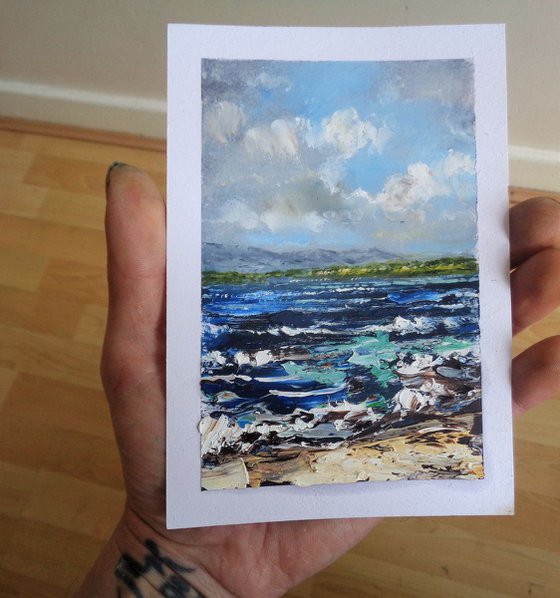 Miniature study Anglesey Beach. Seascape, waves, small oil painting