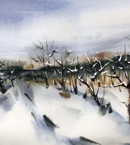 Winter vineyards. one of a kind. original work. painting. by Galina Poloz
