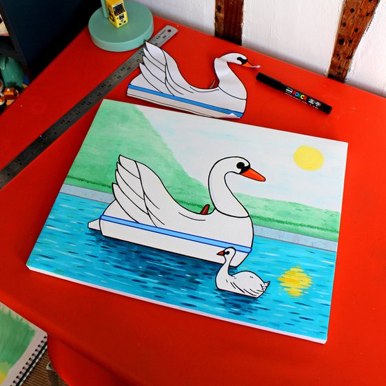 Swan Boat With Swan on Boating Lake - Spring Version - Painting on Canvas