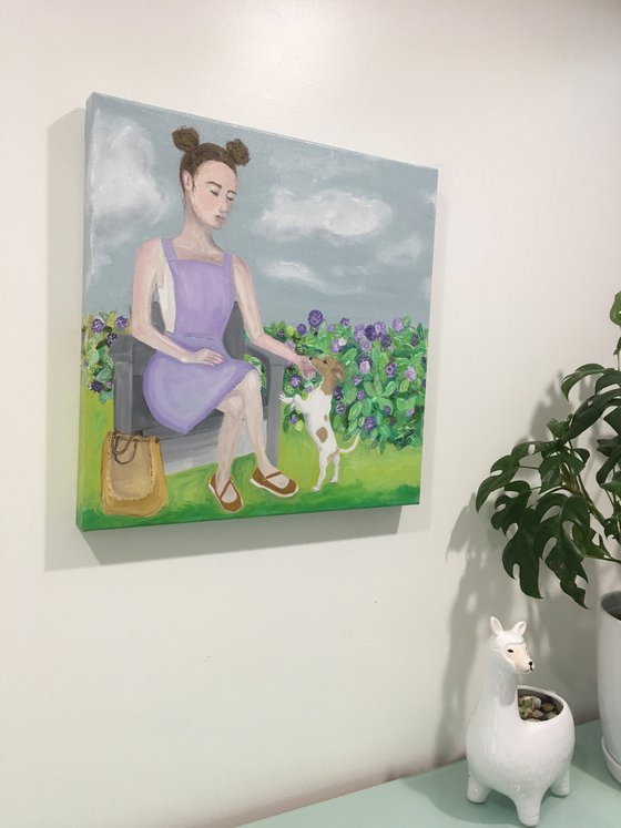 Canvas Girl sitting with her Jack Russell