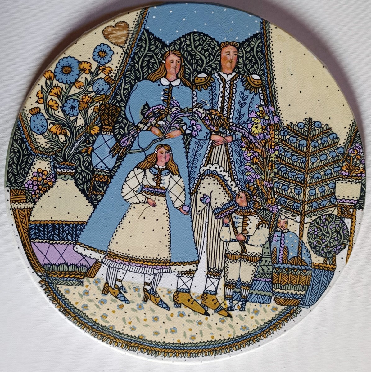 Naive Portrait Acrylic Painting By Tetiana Osadchuk, 12 X 12", A Happy Family, Original Artwork