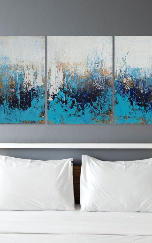 Blue and Gold Textured Painting with Structures. Triptych by Sveta Osborne
