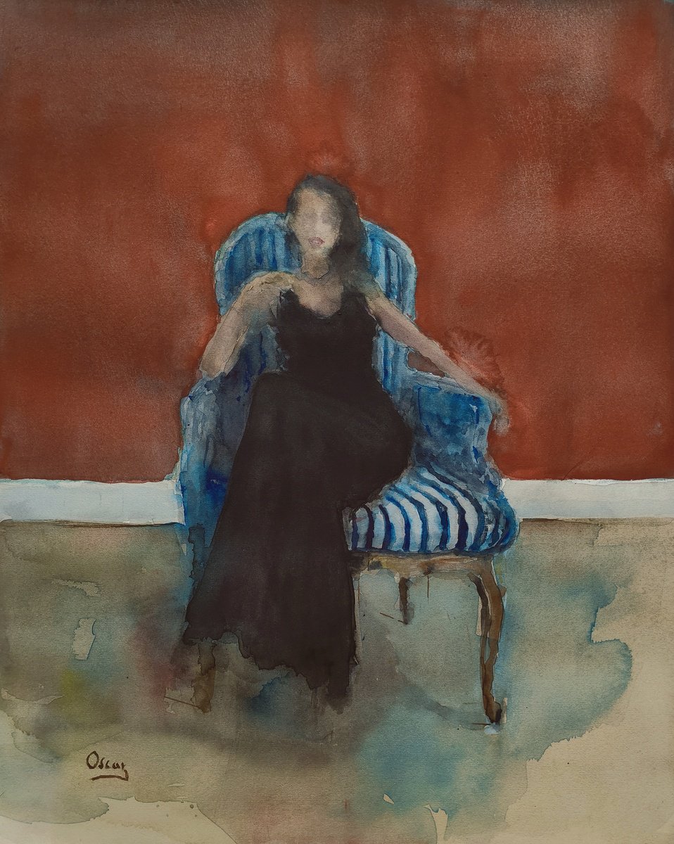 Impressionistic Portrait Watercolour By Oscar Alvarez Pardo, 16 X 20", W-N26, Original Artwork