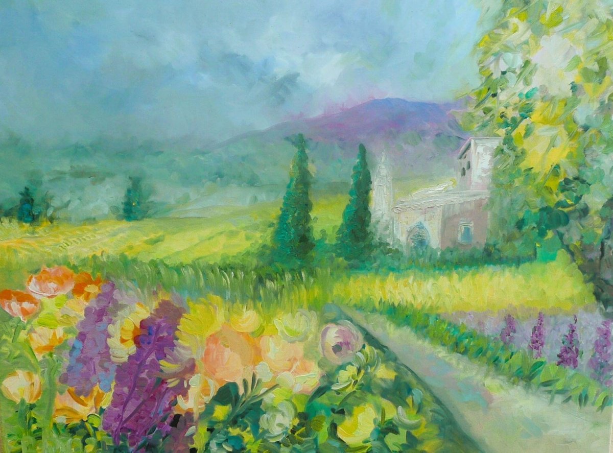 Impressionistic Landscape Oil Painting By Lesley Blackburn, 32 X 24", Tuscan Farmhouse, Original Artwork
