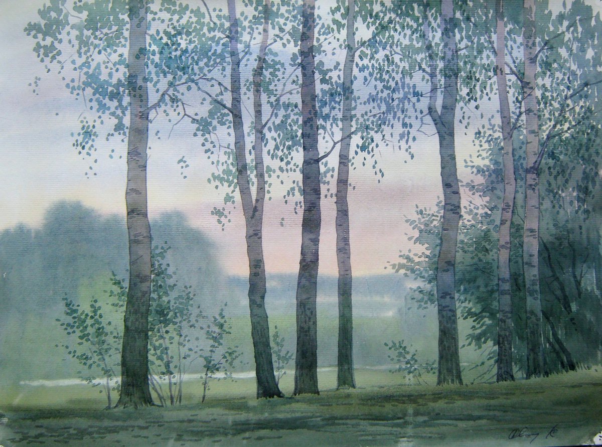 Impressionistic Landscape Watercolour By Valeriy Savenets-1, 16 X 12", Birches In The Forest, Original Artwork