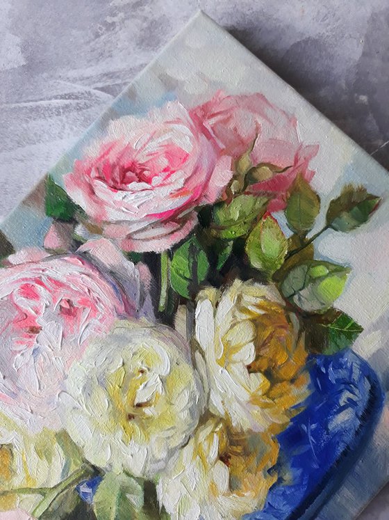 Roses love, floral oil painting on canvas, yellow pink roses in a blue vase