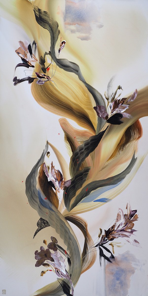 Abstract Acrylic Painting By Novi Lim, 30 X 60", Rooted In Air, Original Artwork