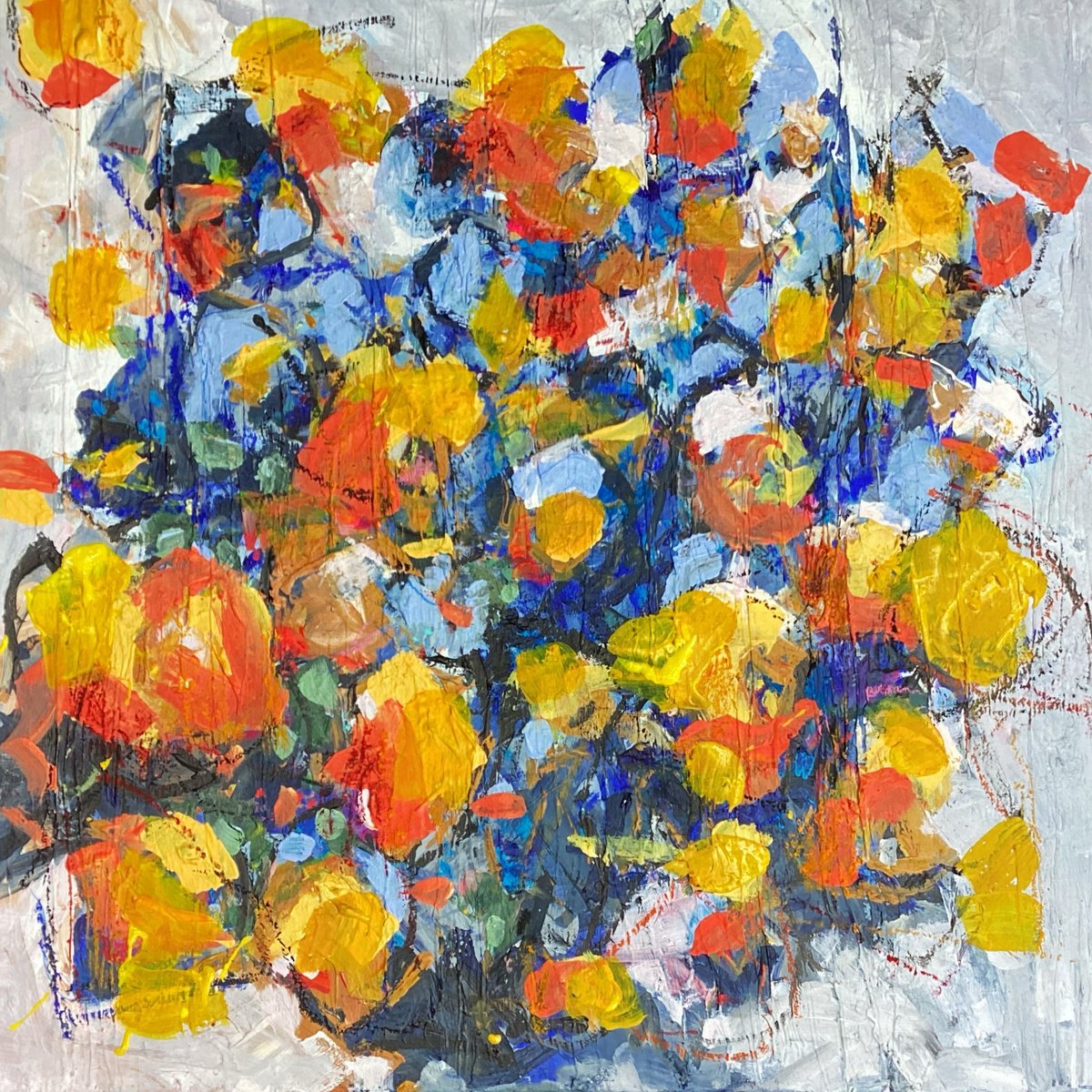 Expressive Botanical Painting By Irene Wilkes, 24 X 24, Bouquet, Original Artwork