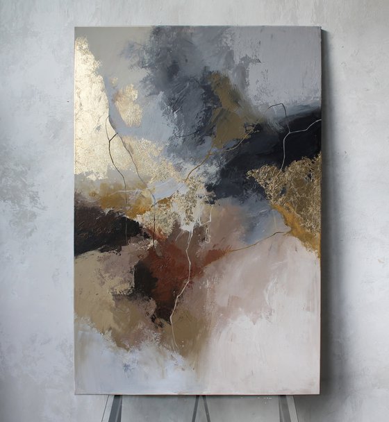 "Rime" Gray brown gold abstract acrylic art