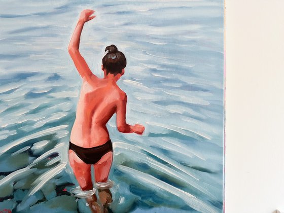 Swimming - Swimmer Woman in Ocean Painting