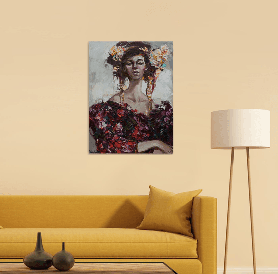 Woman with flowers - Original oil girl portrait painting