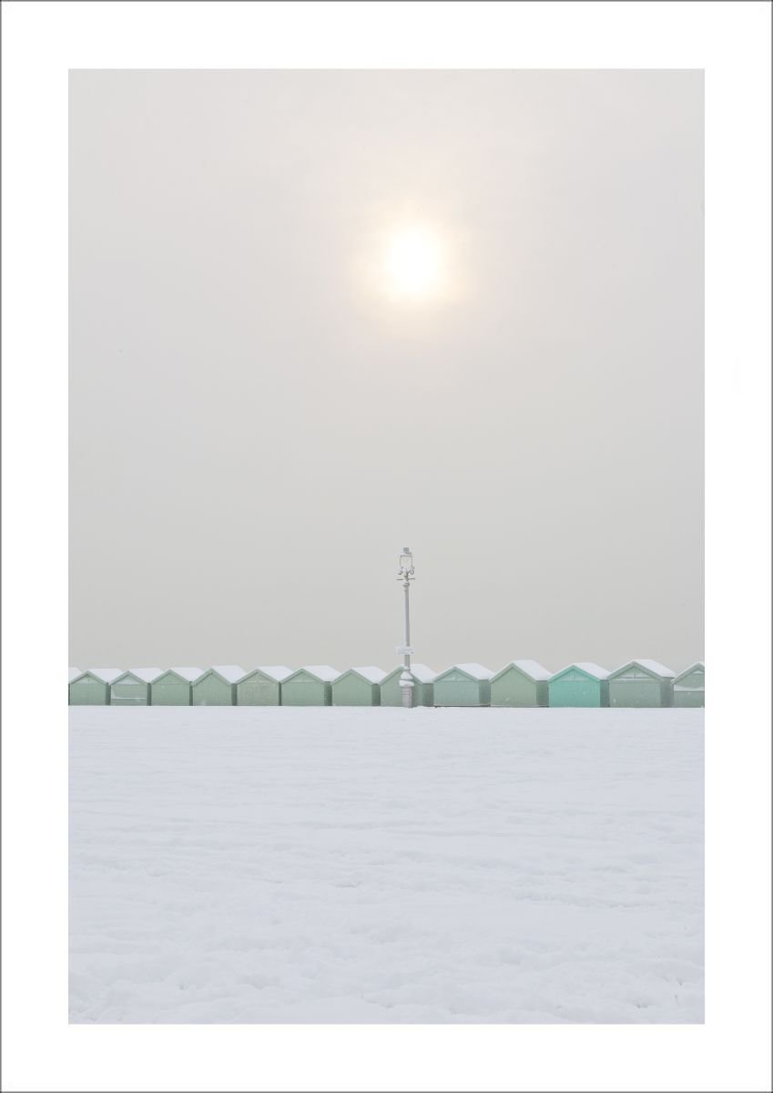 Backs of Beach Huts in the Snow with Lamp Post, Hove, Sussex by Tony Bowall FRPS