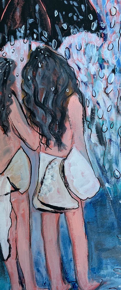 Acrylic Painting of Two Sisters People Portrait Blue Canvas Painting Ready To Hang by Kumi Muttu