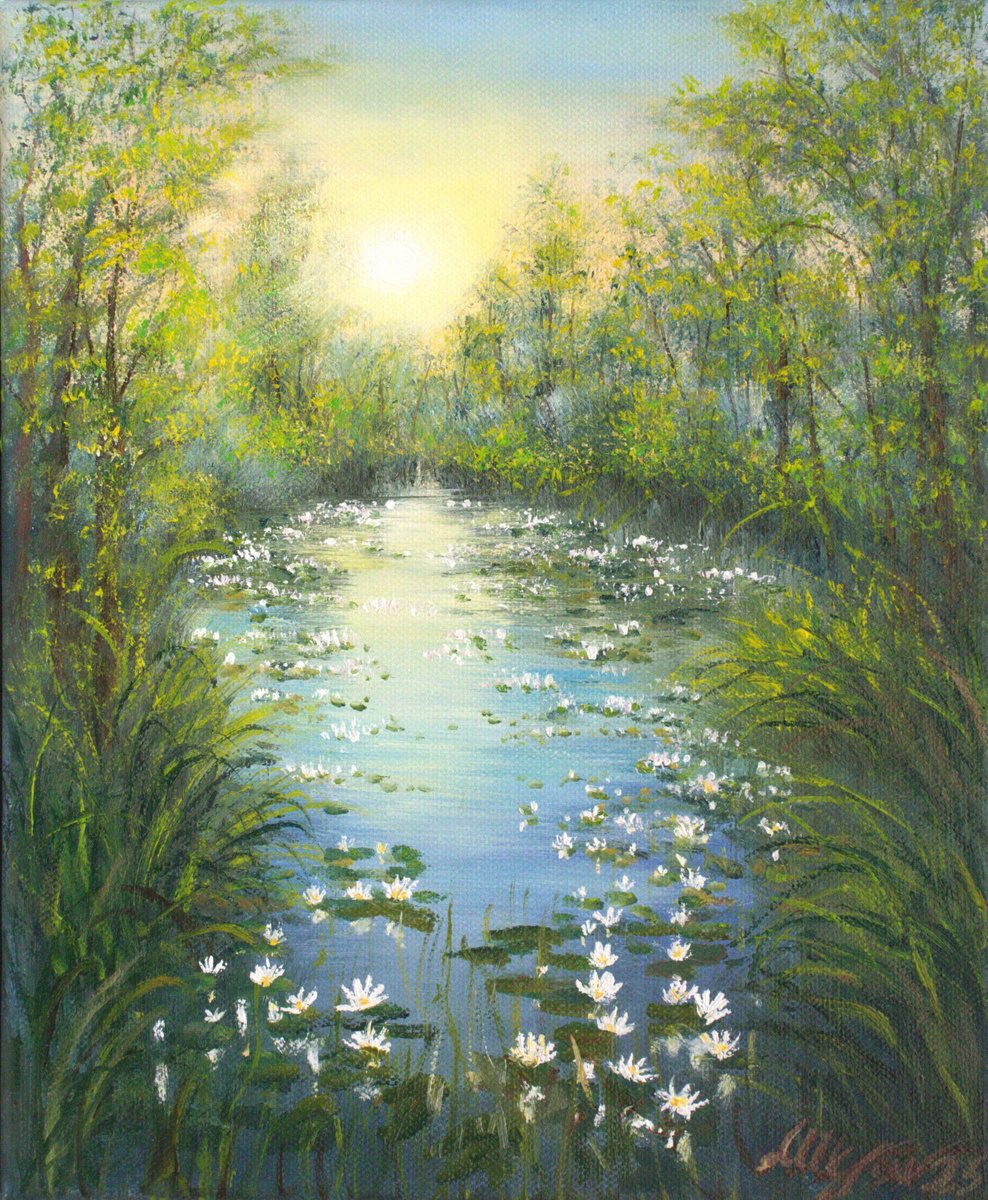 Impressionistic Landscape Oil Painting By Ludmilla Ukrow, 10 X 12", Water Lily Pond, Original Artwork