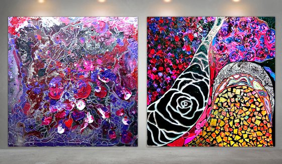 2 pieces 200х100 cm Abstract paintings large wall art black burgundy lilac relief diptych