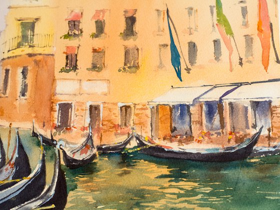 Venice. Two friends. Big format watercolor urban landscape Mediterranean italy sea bright architecture friendship girls urban gondola old travel