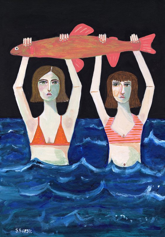 Swimming Girls with Big Pink Fish