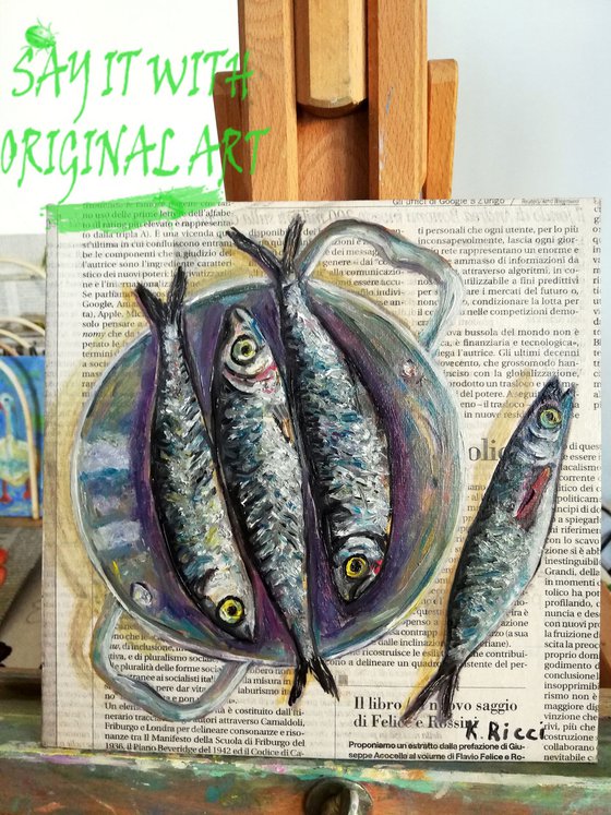 "Fishes in a Pan on Newspaper" Original Oil on Canvas Board Painting 8 by 8 inches (20x20 cm)