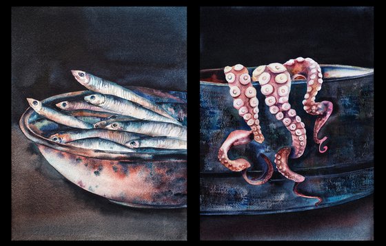 Diptych "Fish and octopus" - original watercolor painting, darkness light, seafood kitchen