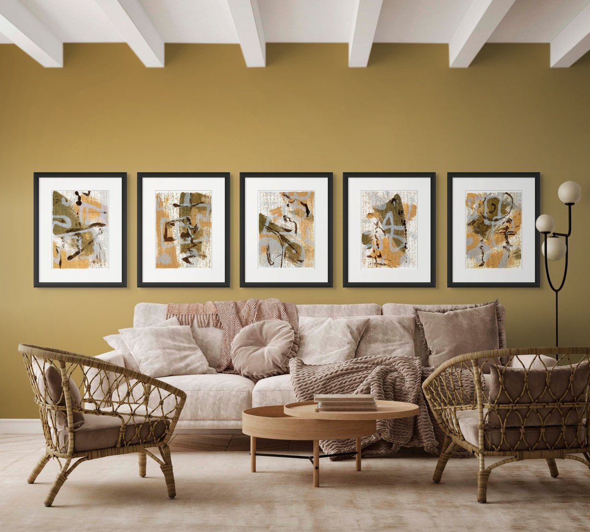 Expressive Abstract Acrylic Painting By Evgen Semenyuk, 79 X 20, Ochre Monochrome Abstraction, Original Artwork