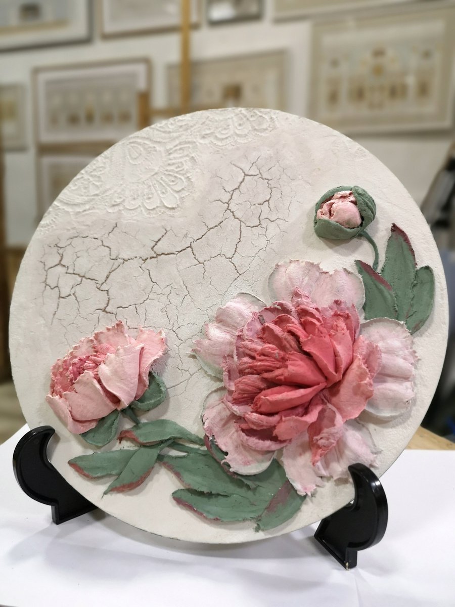 Peonies relief painting - round impasto landscape with craquelure background and lace impr... by Irina Stepanova