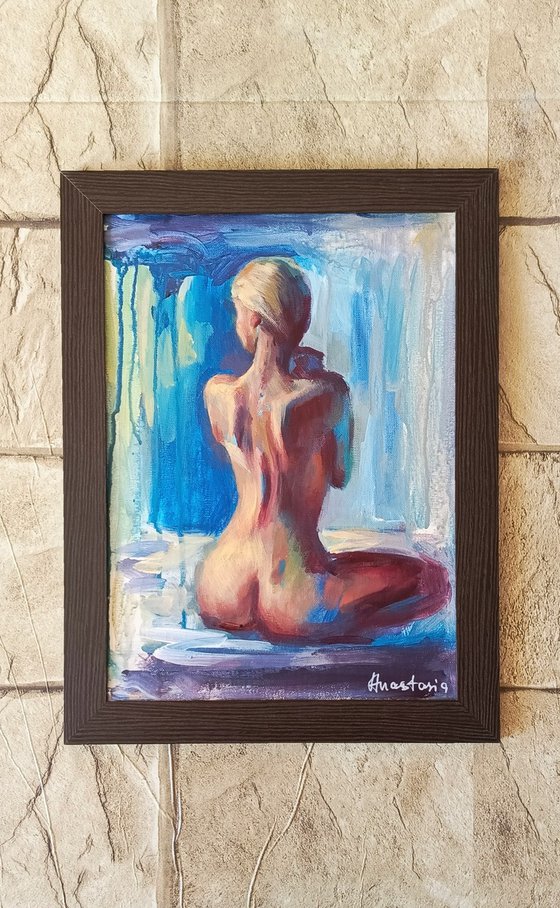 Erotic art expressive acrylic painting of naked woman