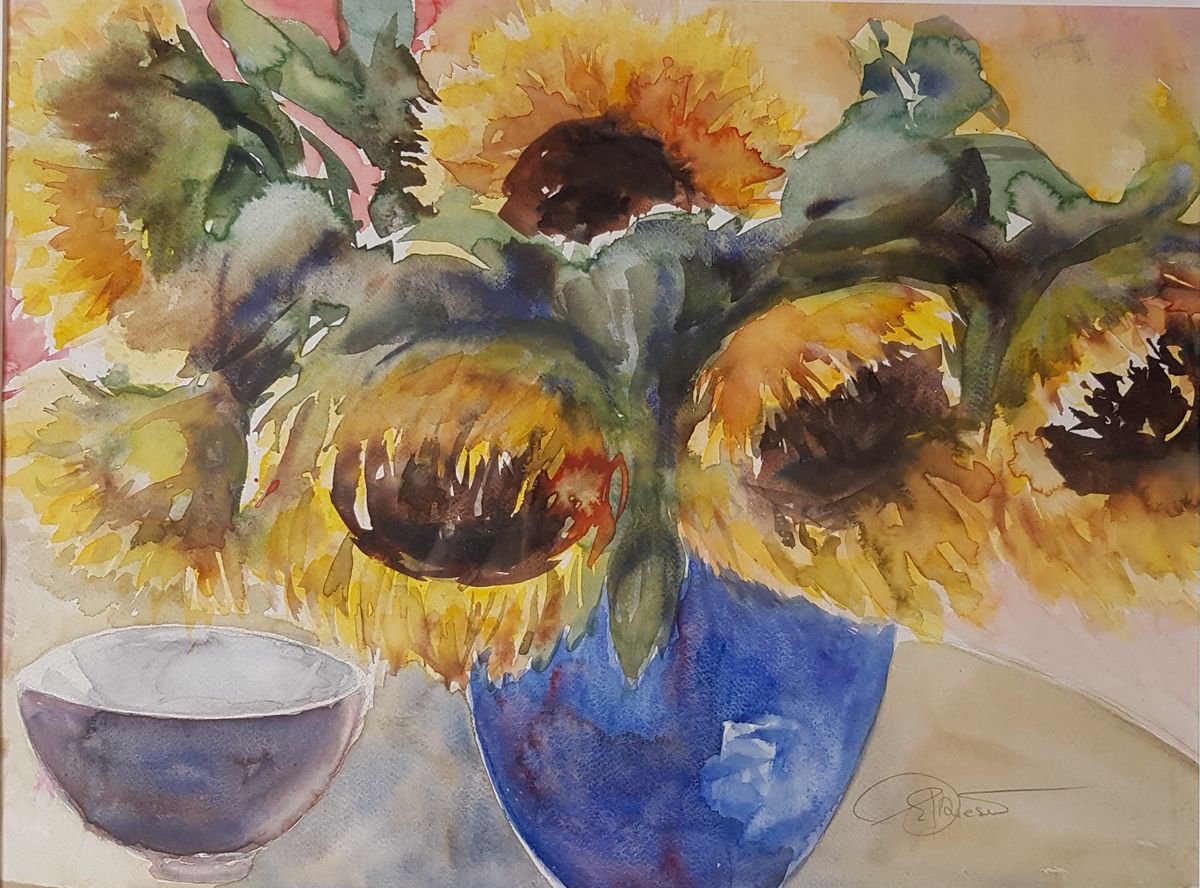 Impressionistic Botanical Watercolour By Els Driesen, 24 X 19, Sunflowers, Original Artwork