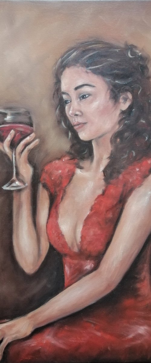 Beauty in red - original erotic oil on canvas painting by Mateja Marinko