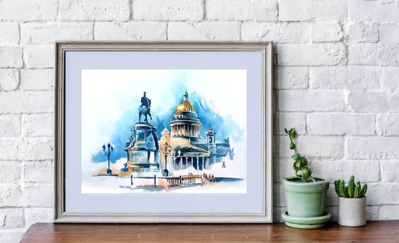 Architectural landscape "Ensemble of St. Isaac's Cathedral in St. Petersburg" original watercolor painting