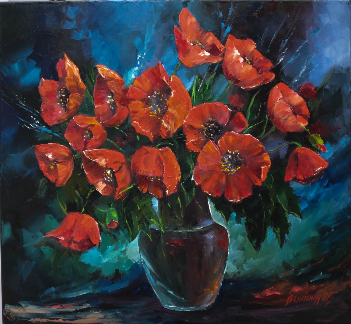 Impressionistic Botanical Oil Painting By Ihor Bychkivskyy, 26 X 24, Poppies, Original Artwork