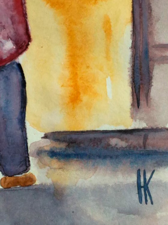 Couple Painting Figurative Original Art NYC Watercolor New York Artwork Small Home Wall Art 8 by 12" by Halyna Kirichenko